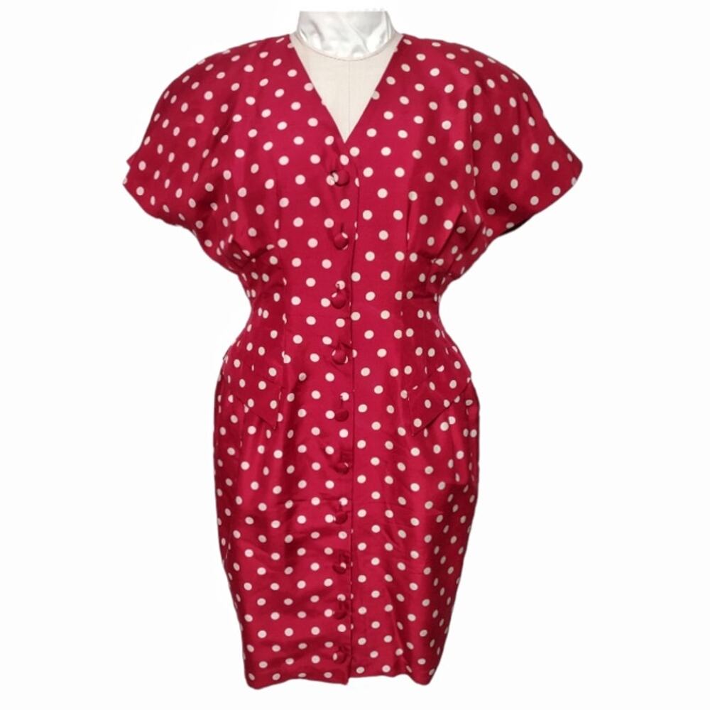 ANN TAYLOR Vintage Polka Dot Dress Size 6 Red Silk Fitted Tailored Retro 80s 90s